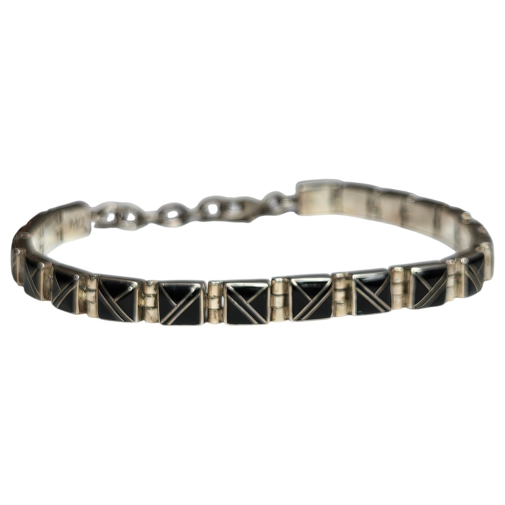 Southwestern Sterling Silver 925 Black Onyx‎ Channel Inlay Link Bracelet
